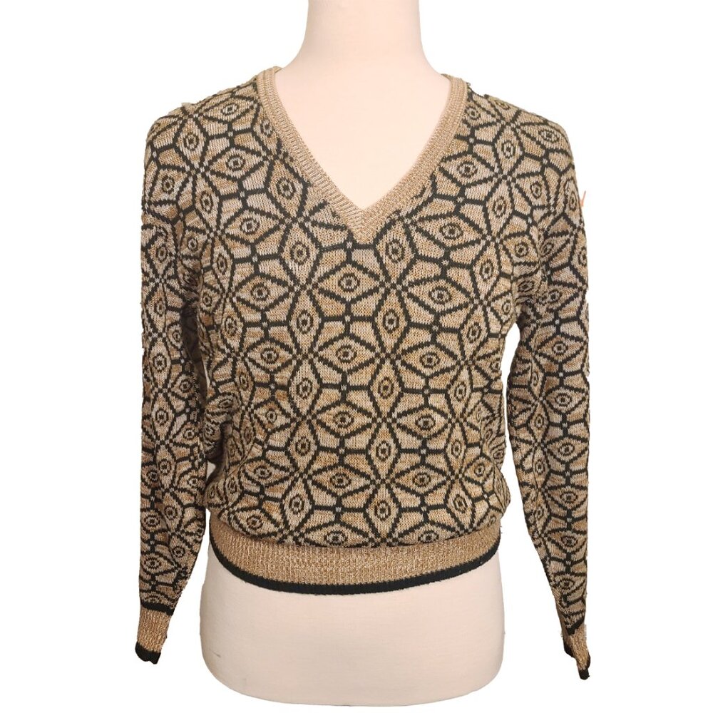 Men's Vintage Geometric V-Neck Knit Sweater Green 70s MOD Medium